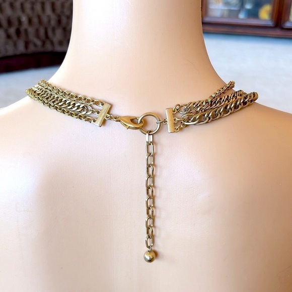 Vintage Antique Gold Tone Multi Strand Flower Necklace Rhinestone Medallion - Picture 9 of 11